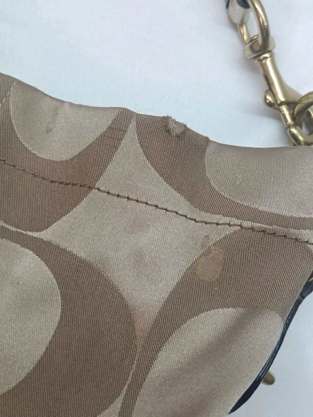 Coach Carly Signature metallic Canvas Shoulder Bag in tan/brown